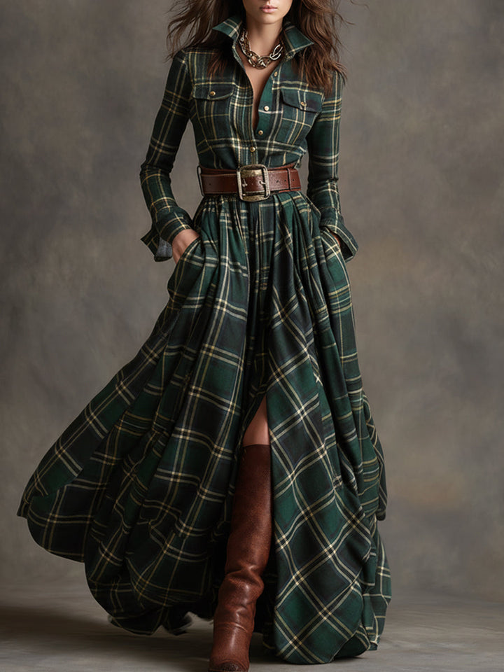 Felicity | Women's Plaid Fall Dress Belted Maxi