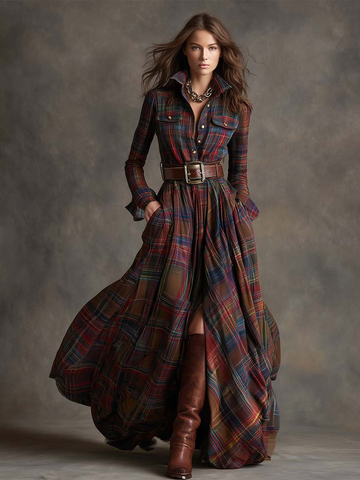 Felicity | Women's Plaid Fall Dress Belted Maxi