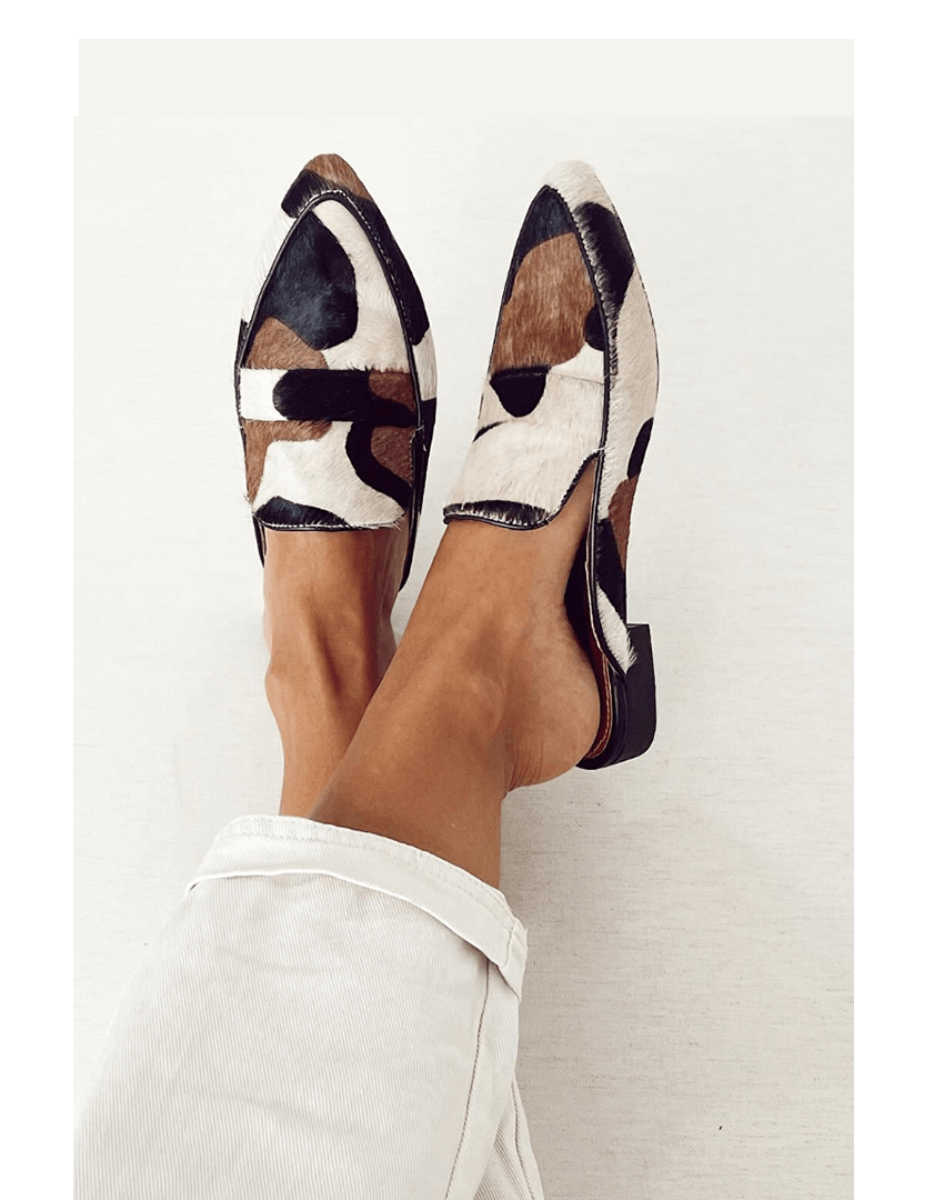Courtney | Women's Cow Print Slip-On Loafers - Black/White - Image 1