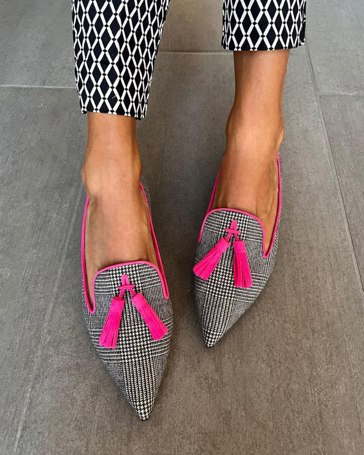 Davina | Women's Pointed Toe Tassel Mule Loafers - Black/Pink - Image 1