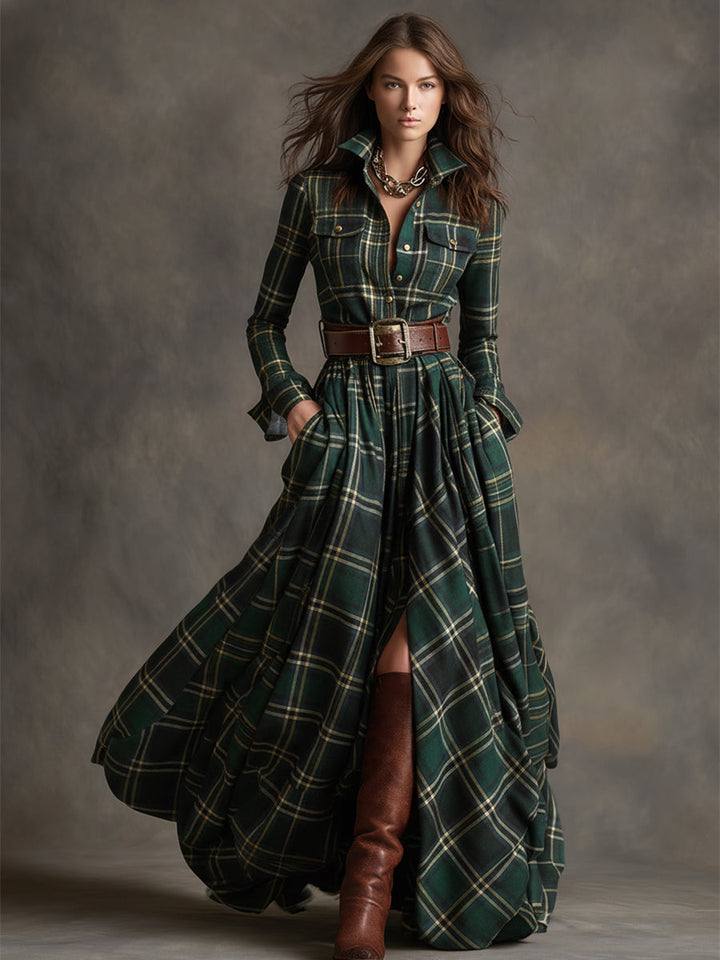 Felicity | Women's Plaid Fall Dress Belted Maxi