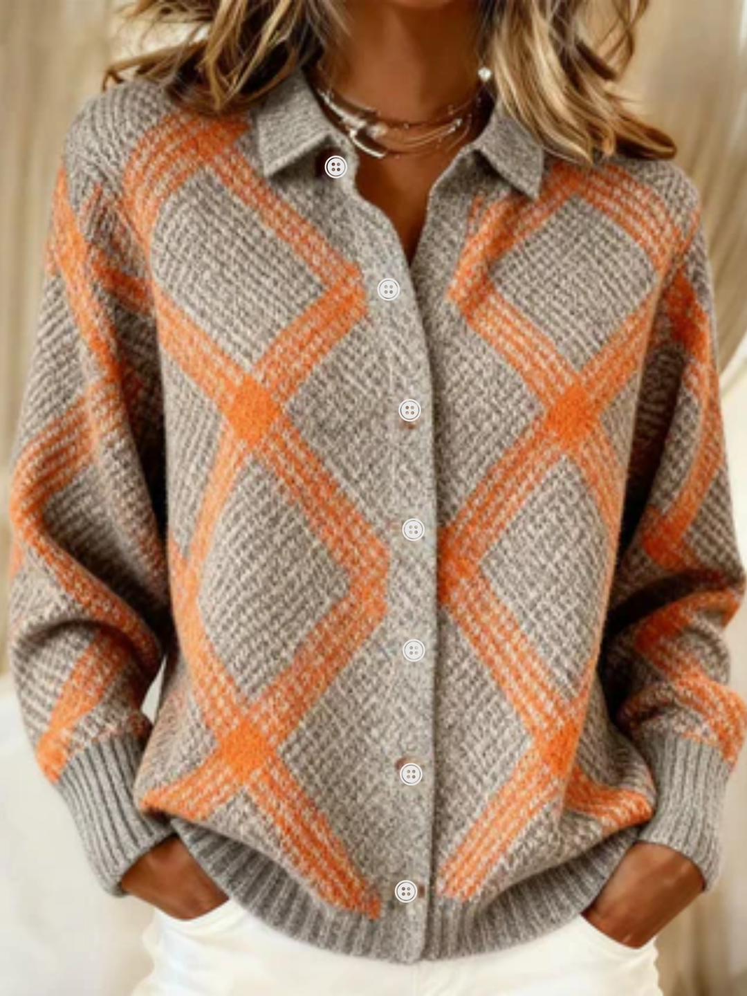 Maria | Women's Argyle Button-Up Cardigan