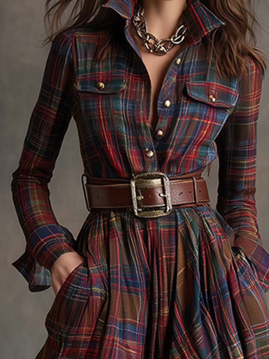 Felicity | Women's Plaid Fall Dress Belted Maxi