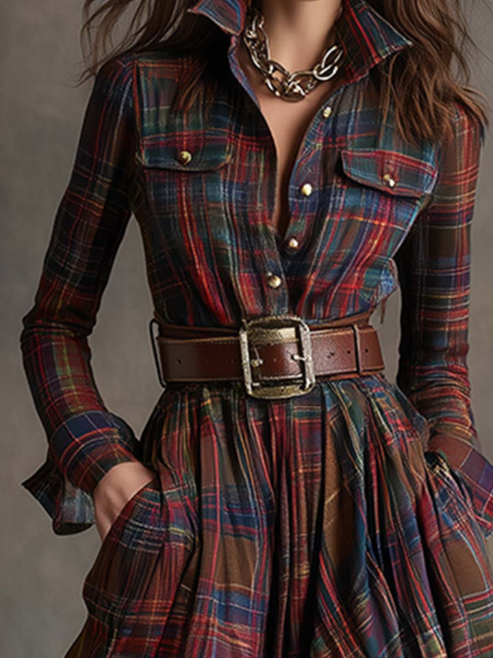 Felicity | Women's Plaid Fall Dress Belted Maxi
