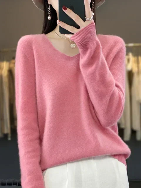 Vespera | Women's Relaxed Fit V-Neck Sweater - Green - Image 9