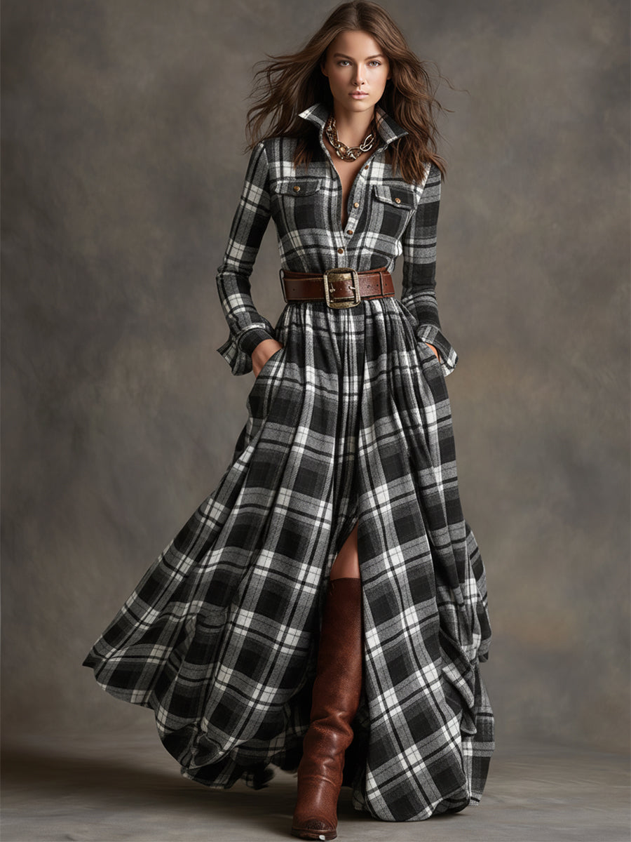 Felicity | Women's Plaid Fall Dress Belted Maxi