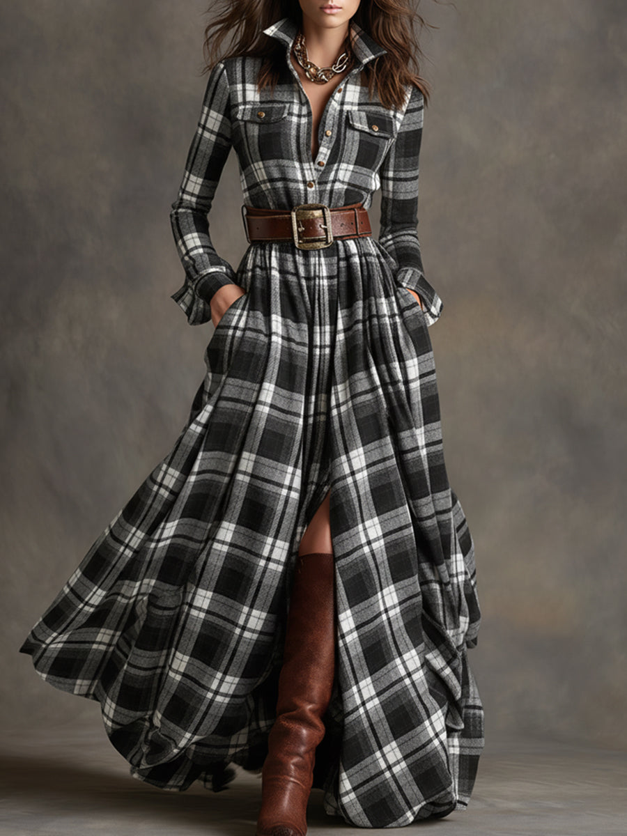 Felicity | Women's Plaid Fall Dress Belted Maxi