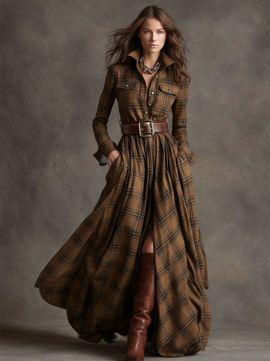 Felicity | Women's Plaid Fall Dress Belted Maxi