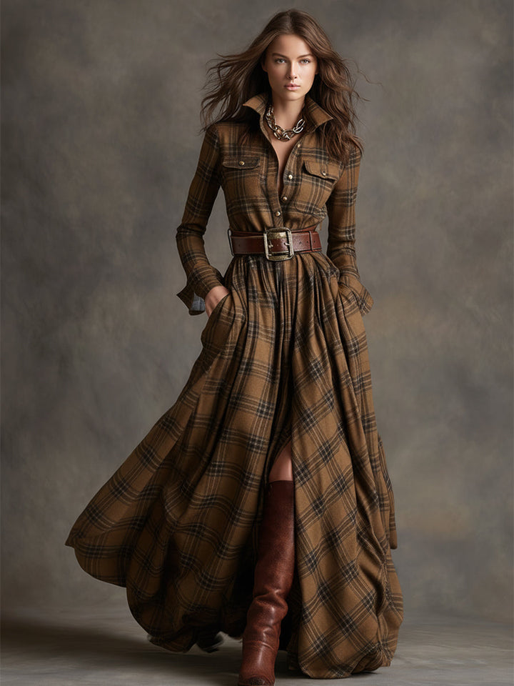 Felicity | Women's Plaid Fall Dress Belted Maxi