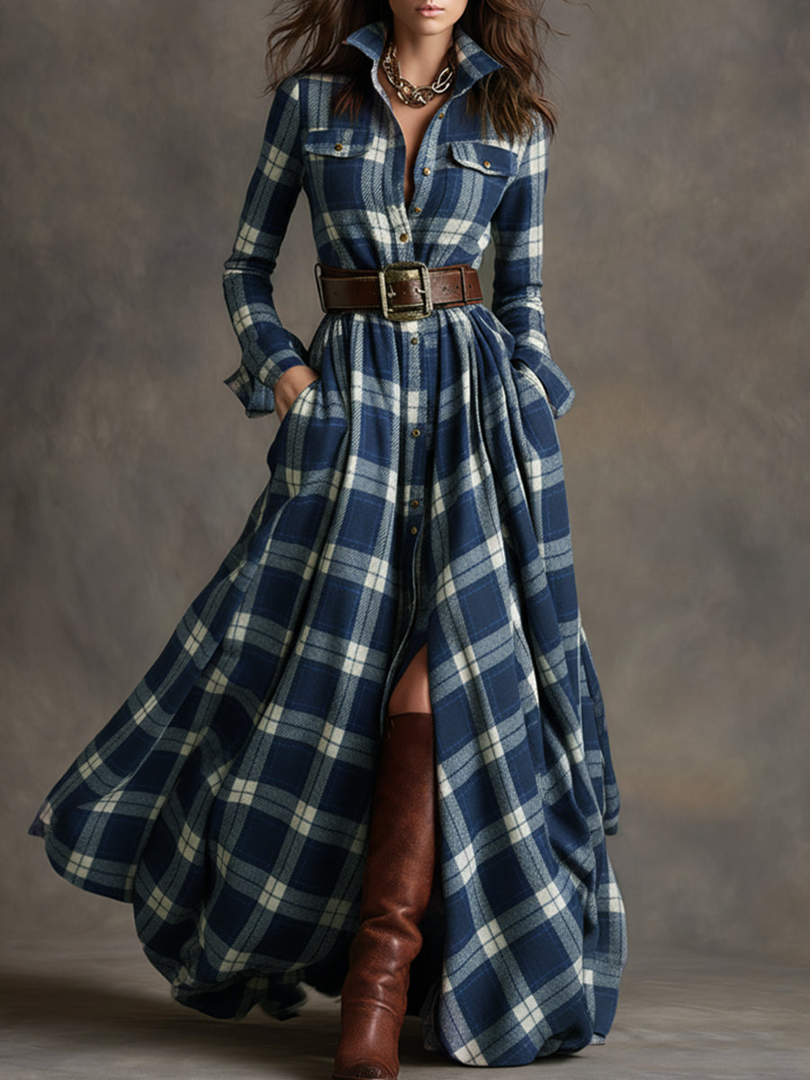 Felicity | Women's Plaid Fall Dress Belted Maxi