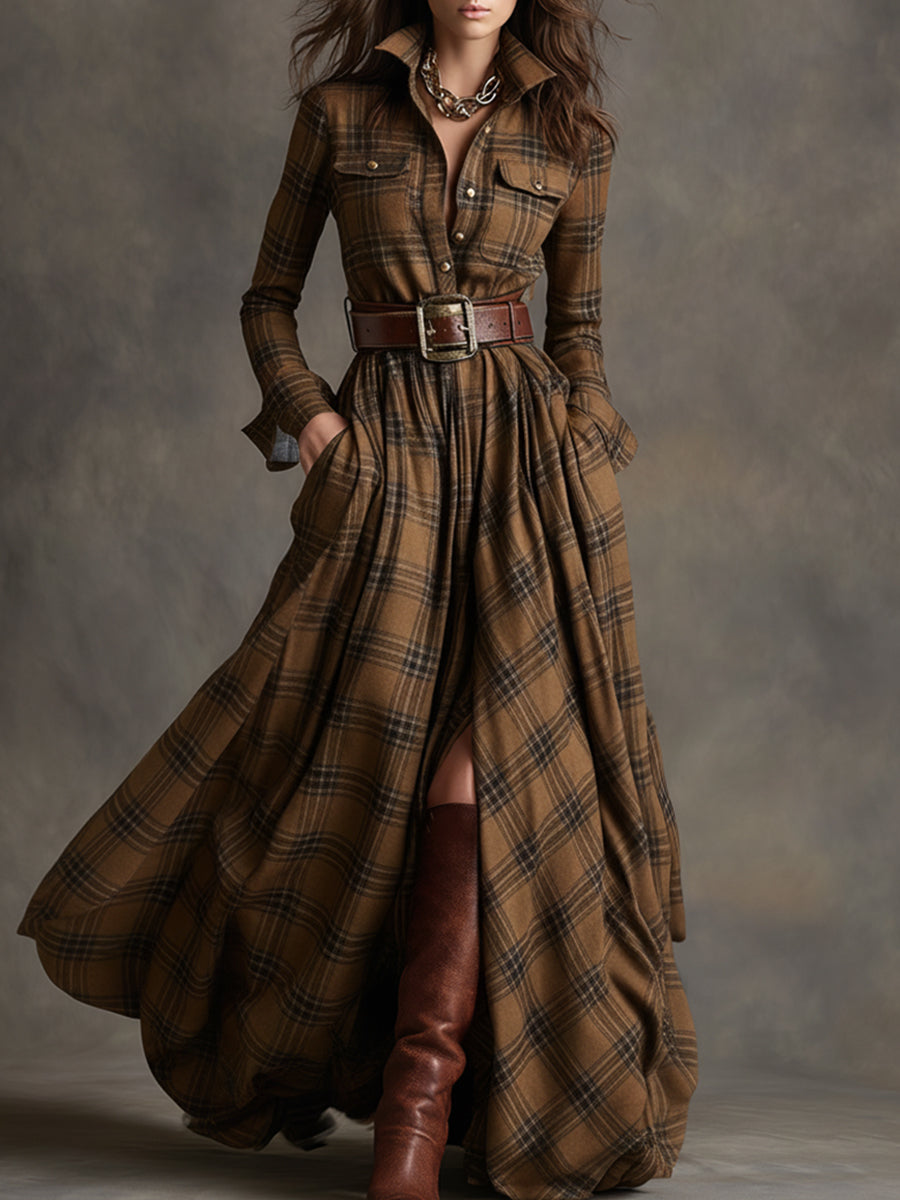 Felicity | Women's Plaid Fall Dress Belted Maxi