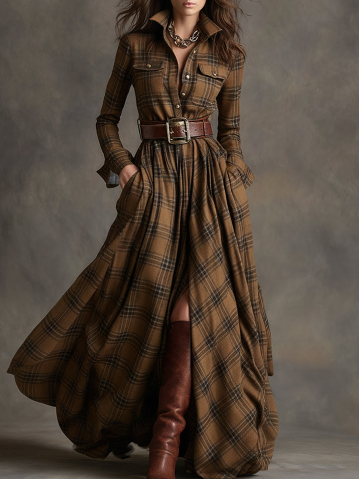 Felicity | Women's Plaid Fall Dress Belted Maxi