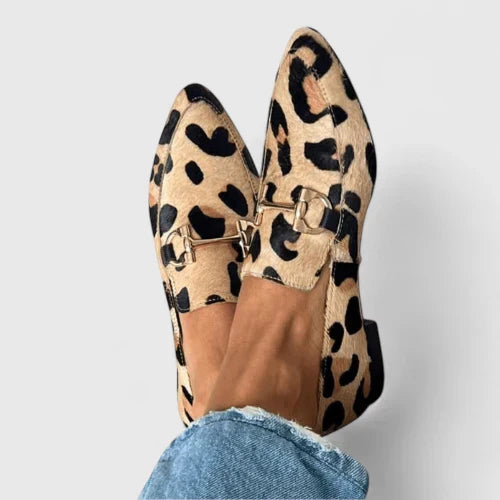 Kamila | Women's Leopard Print Loafers Flat Slip-On - Black/Beige - Image 1