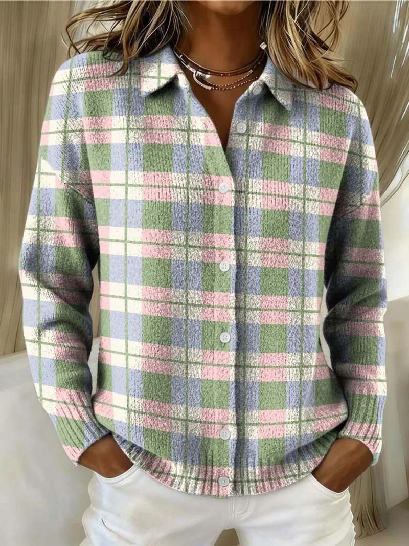 Mara | Women's Plaid Cardigan Button-Up Knit Top