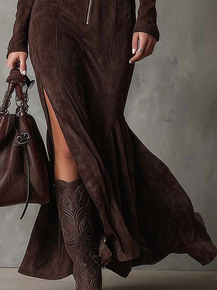 Fiona | Women's Fall Dress Zip-Front Suede Maxi