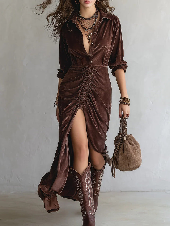 Flora | Women's Fall Dress Velvet Ruched Maxi