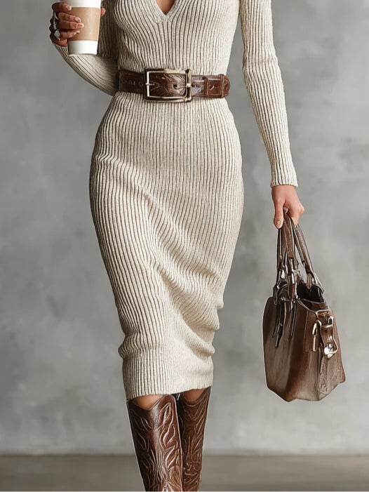 Everly | Women's Ribbed Knit Midi Sweater Fall Dress