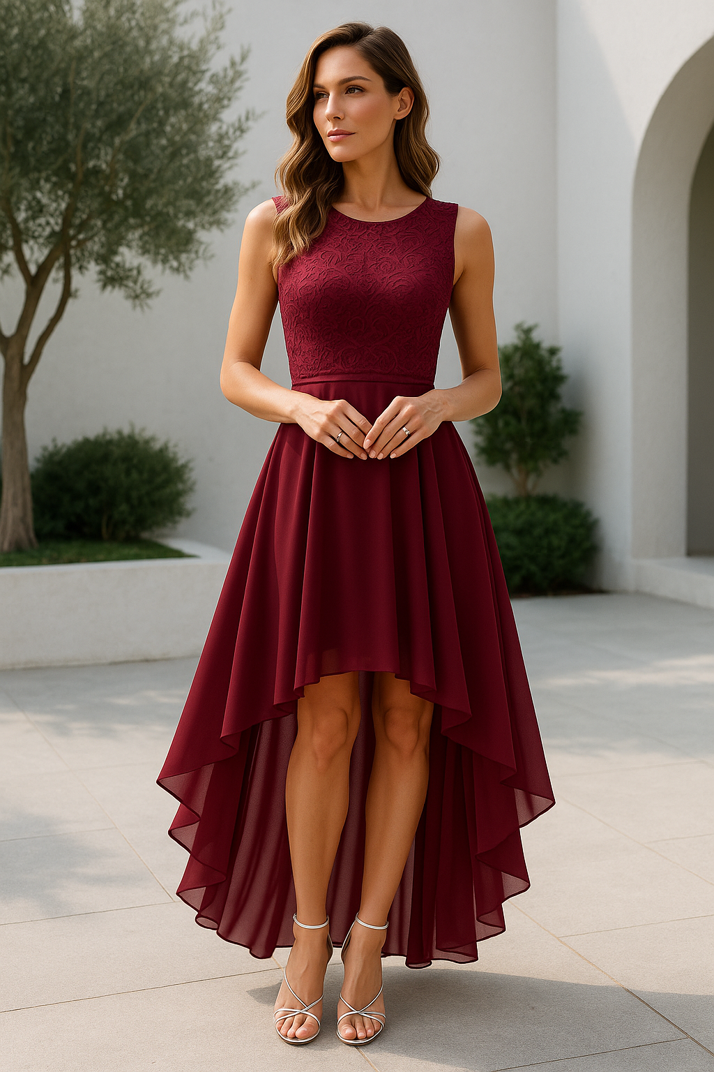 Adaline | Women's High Low Wedding Guest Dress - Burgundy - Image 1