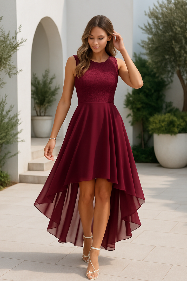 Adaline | Women's High Low Wedding Guest Dress - Burgundy - Image 2