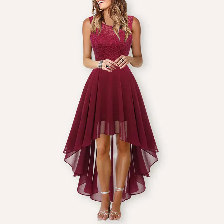 Adaline | Women's High Low Wedding Guest Dress - Burgundy - Image 3