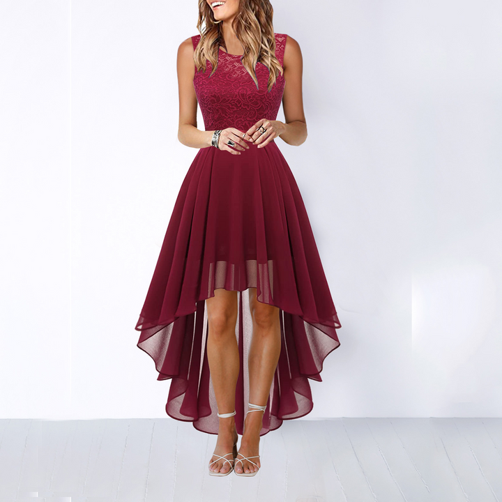Adaline | Women's High Low Wedding Guest Dress - Burgundy - Image 4