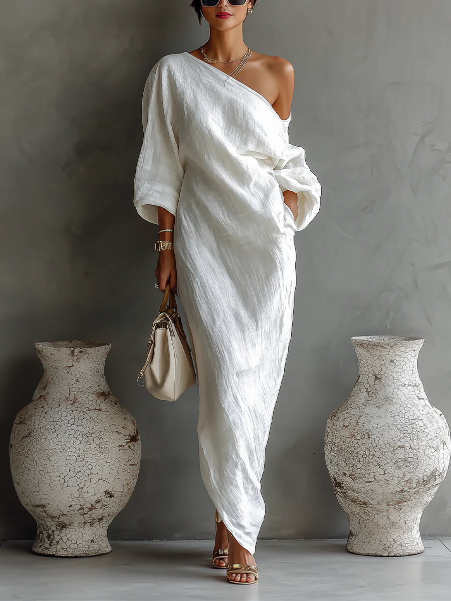 Adrienne | Women's One Shoulder Long Sleeve Maxi Dress - White - Image 1