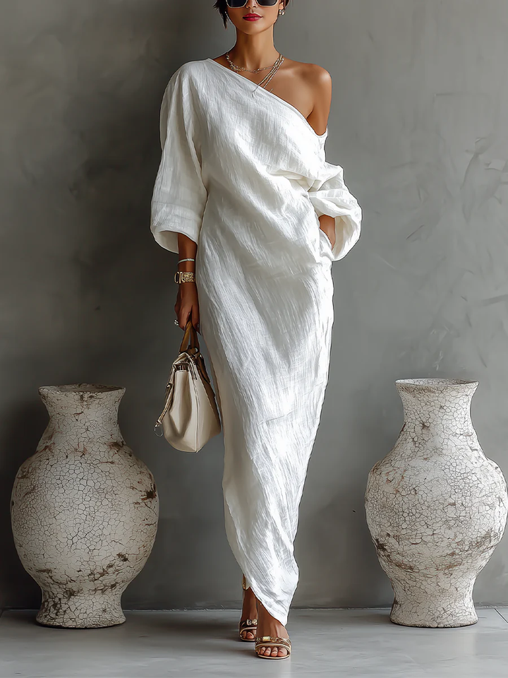 Adrienne | Women's One Shoulder Long Sleeve Maxi Dress - White - Image 1