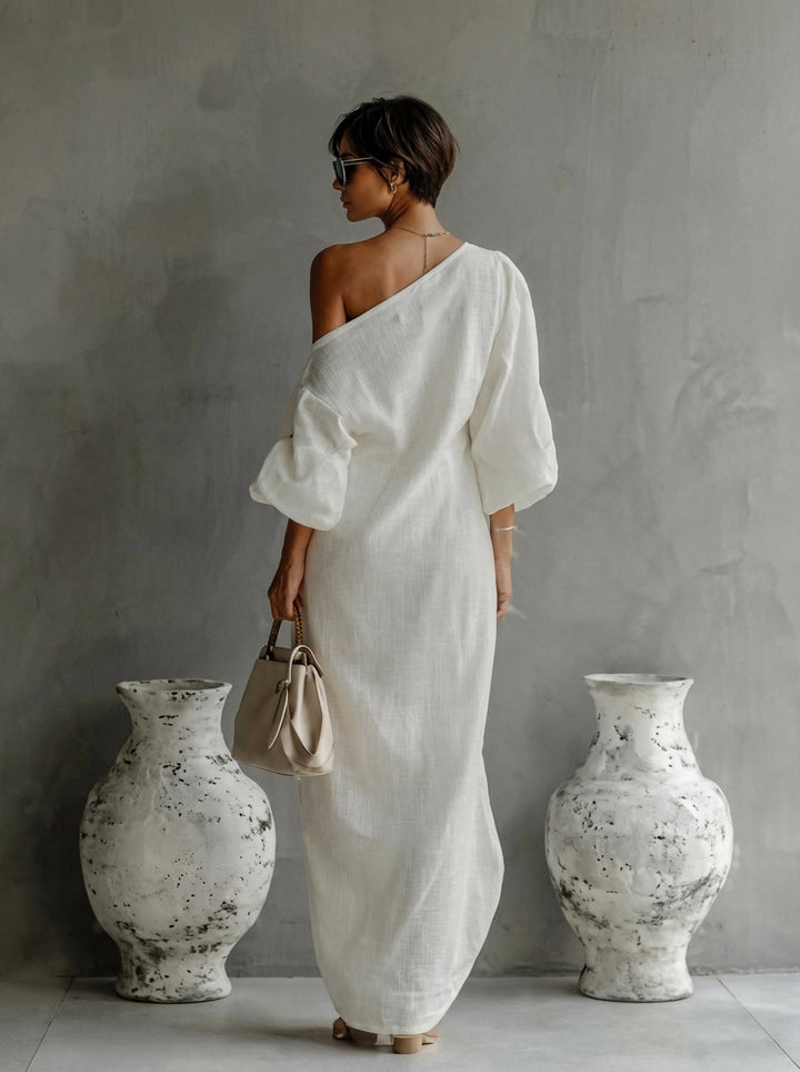 Adrienne | Women's One Shoulder Long Sleeve Maxi Dress - White - Image 2