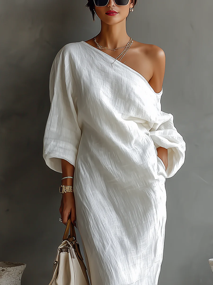 Adrienne | Women's One Shoulder Long Sleeve Maxi Dress - White - Image 3