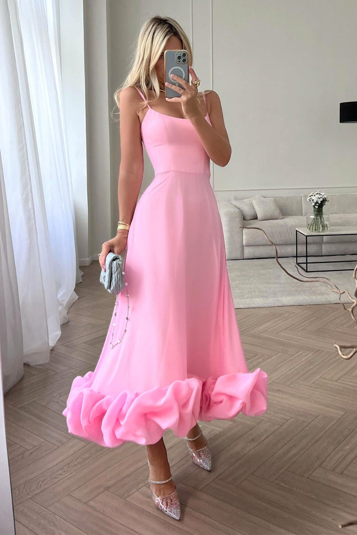 Amorette | Women's Spaghetti Strap Ruffle Hem Midi Dress - Pink - Image 1