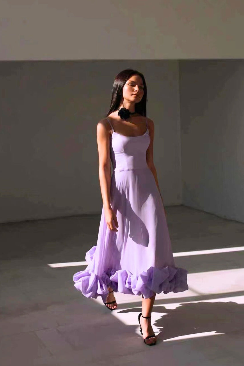 Amorette | Women's Spaghetti Strap Ruffle Hem Midi Dress - Pink - Image 8