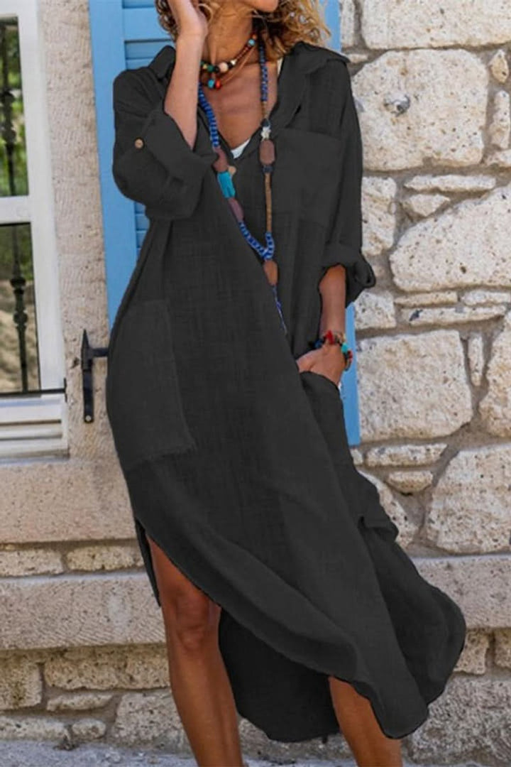 Amorynn | Women's Oversized Long Sleeve Midi Shirt Dress - Black - Image 1