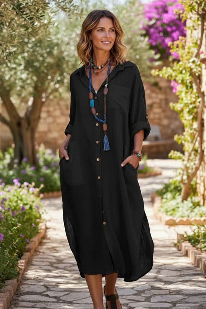 Amorynn | Women's Oversized Long Sleeve Midi Shirt Dress - Black - Image 2