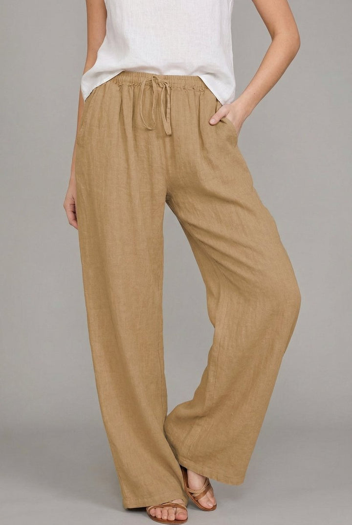 Anora | Women's Wide Leg Drawstring Elastic Waist Pants - Camel - Image 1
