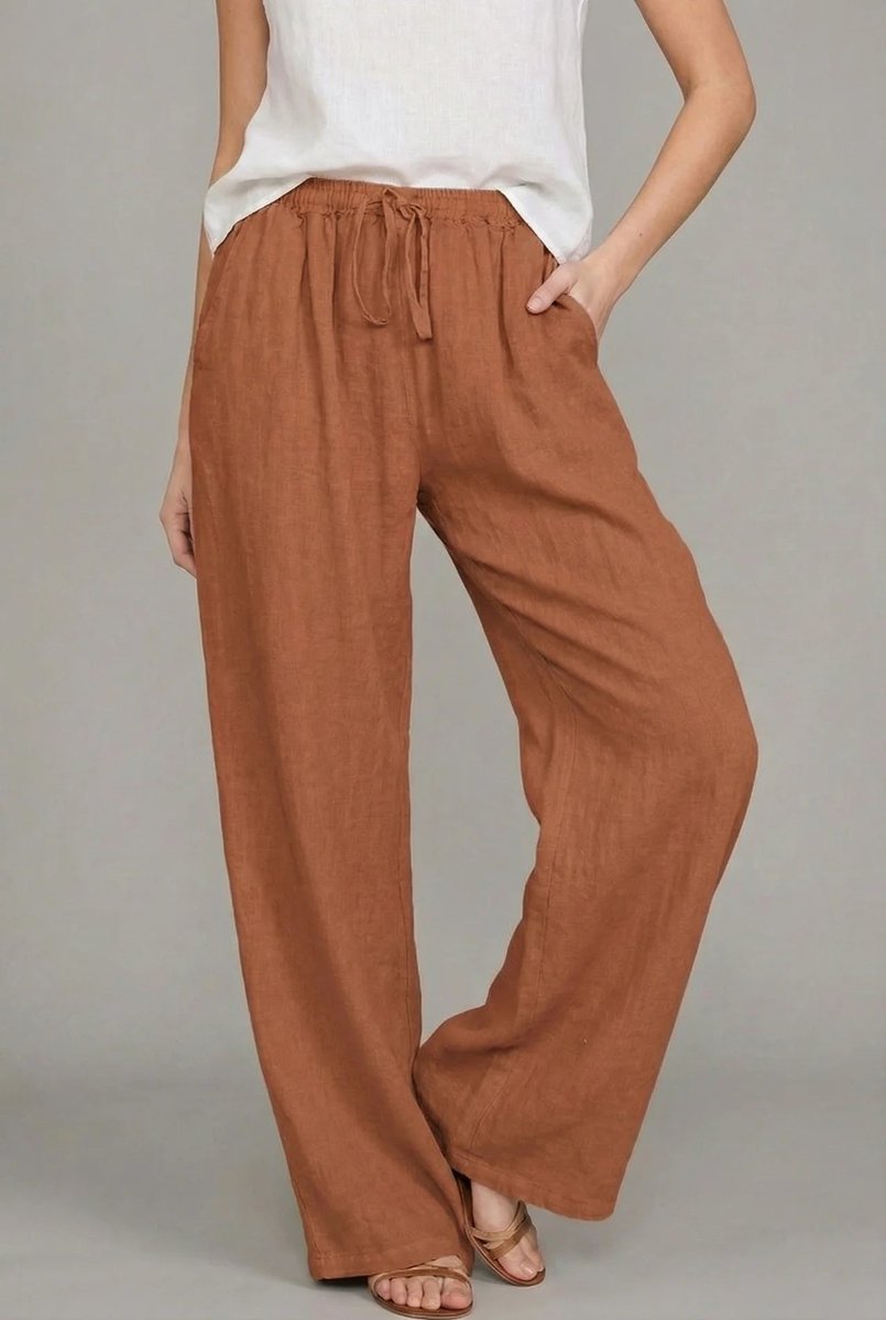 Anora | Women's Wide Leg Drawstring Elastic Waist Pants - Camel - Image 5