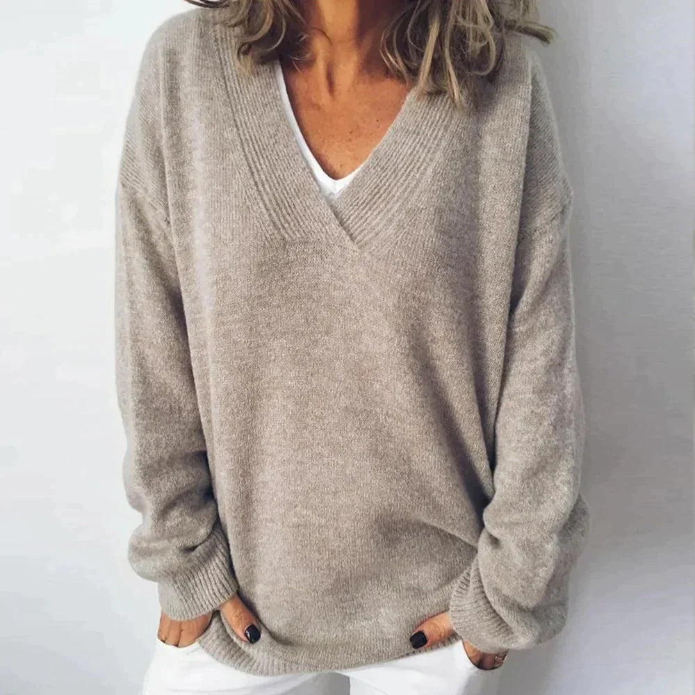 Anwen | Women's Relaxed Fit V-Neck Knit Sweater - Taupe - Image 1