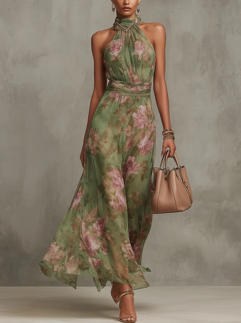 Aurelia | Women's Floral Halter Neck Maxi Dress - Floral - Image 1