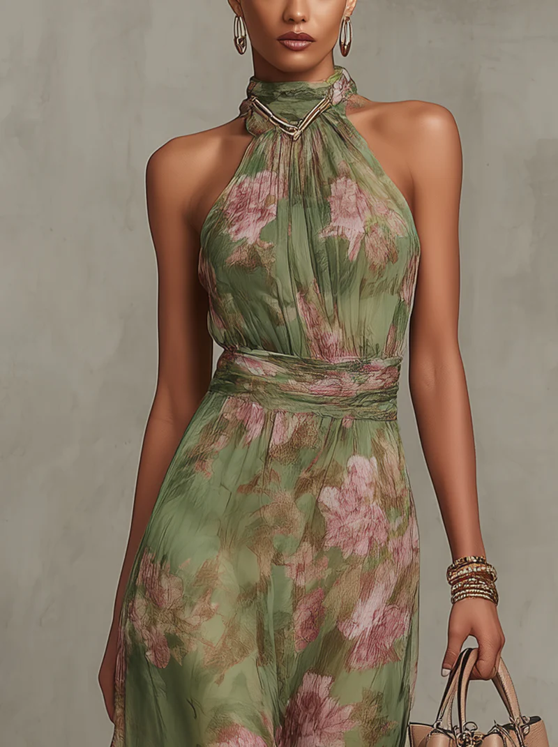 Aurelia | Women's Floral Halter Neck Maxi Dress - Floral - Image 3