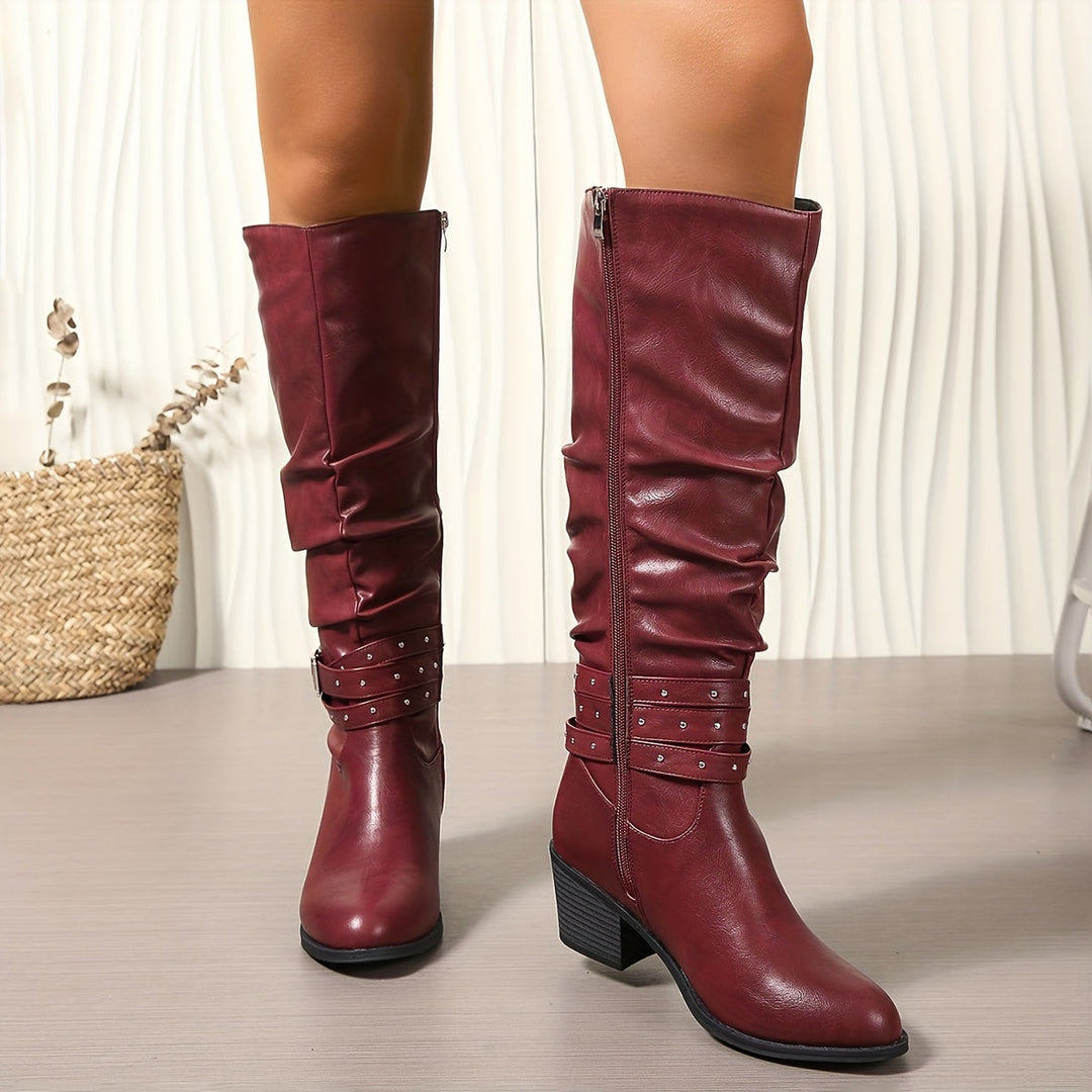 Aveline | Women's Knee High Slouch Boots with Buckle - Black - Image 11