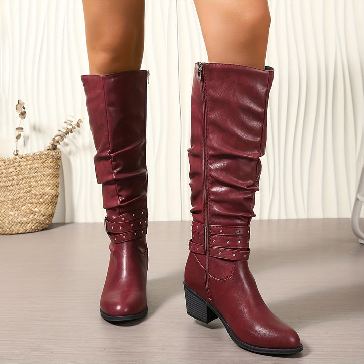 Aveline | Women's Knee High Slouch Boots with Buckle - Black - Image 11