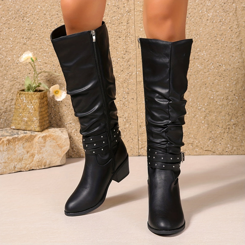 Aveline | Women's Knee High Slouch Boots with Buckle - Black - Image 2
