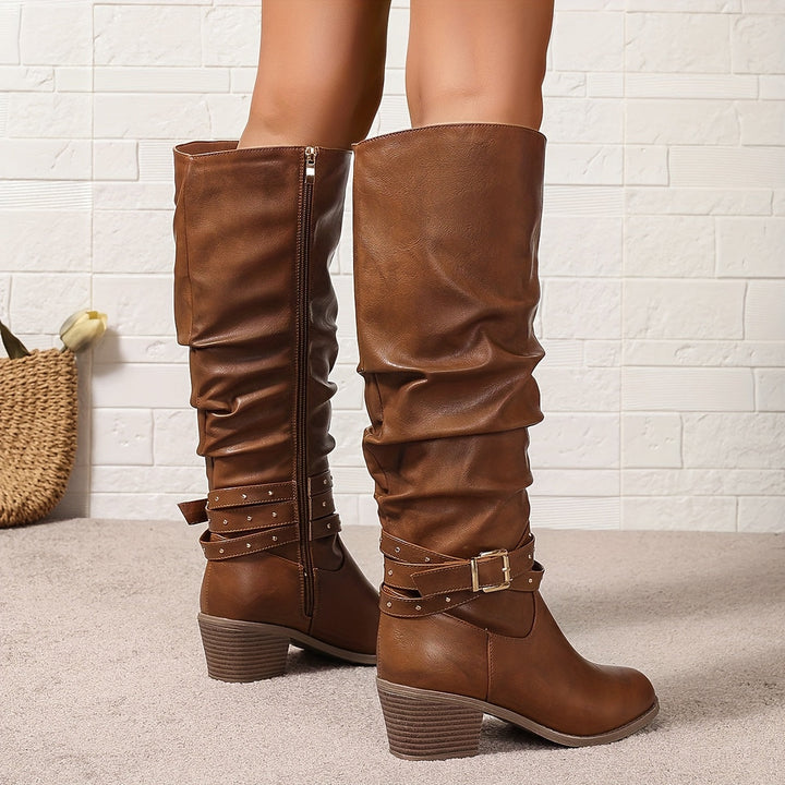 Aveline | Women's Knee High Slouch Boots with Buckle - Black - Image 8