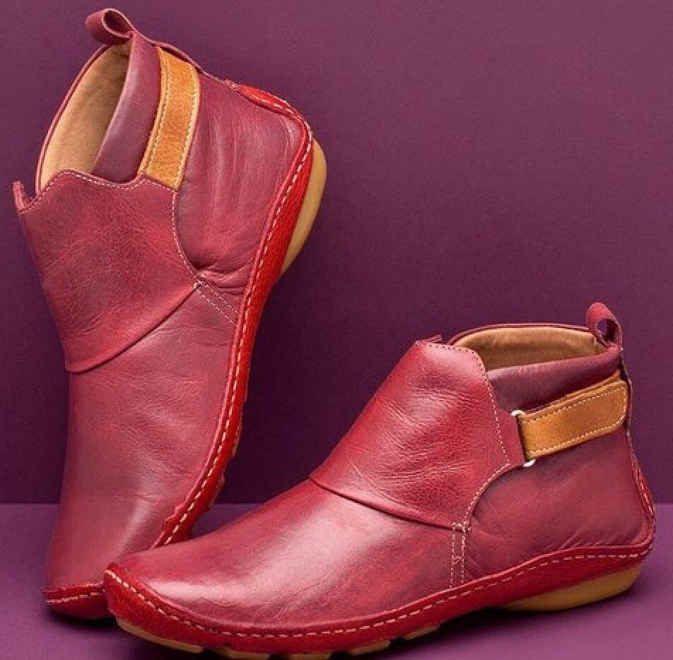 Aveline | Women's Leather Ankle Boots with Strap Closure - Red - Image 1