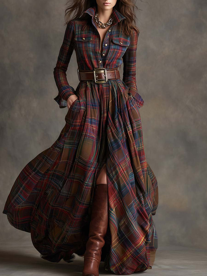 Felicity | Women's Plaid Fall Dress Belted Maxi