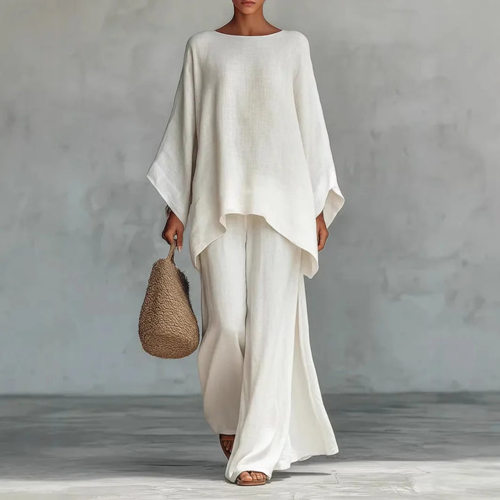 Beatrice | Women's Oversized Round Neck Wide Leg Set - White - Image 1