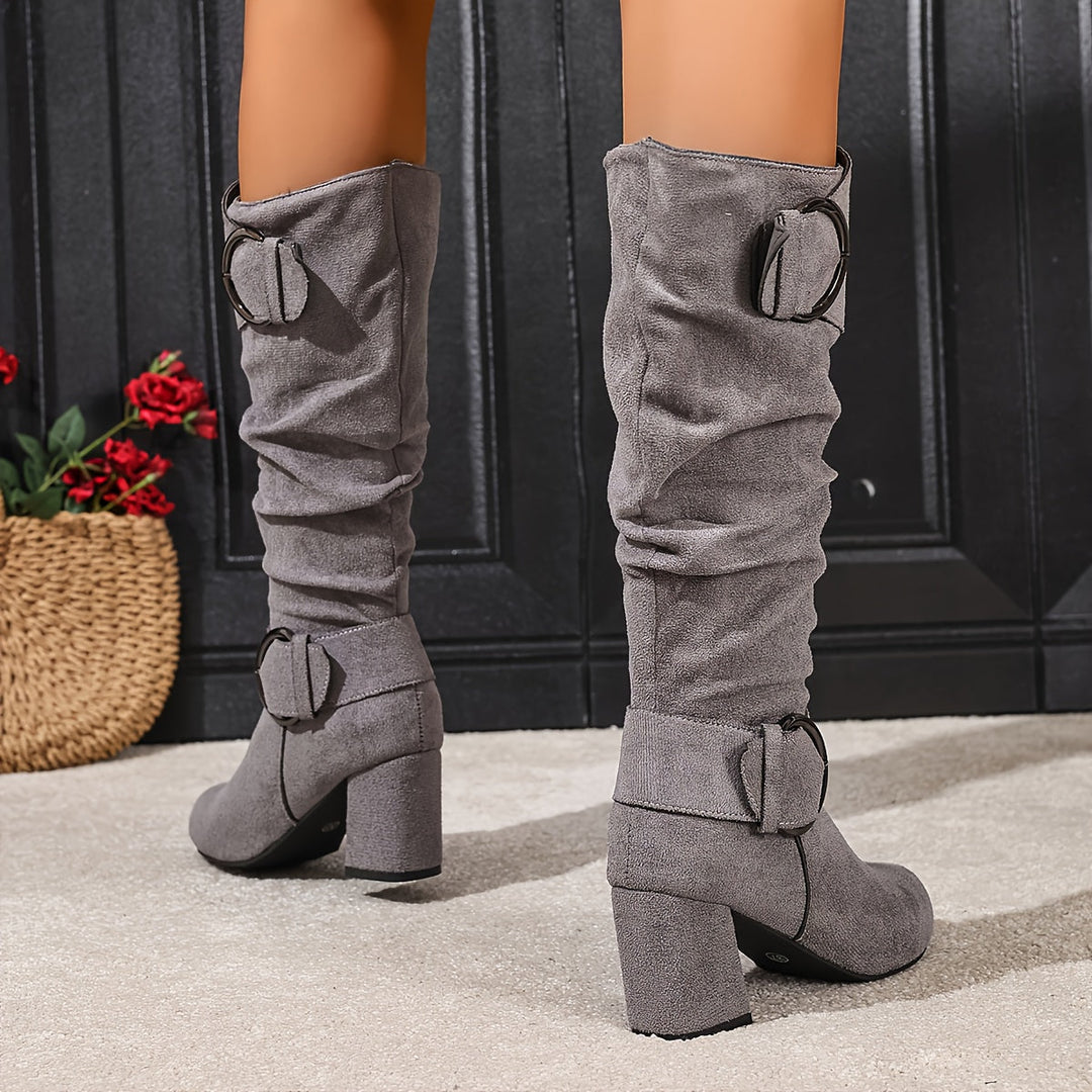 Beverley | Women's Knee High Slouchy Block Heel Boots - Taupe - Image 11