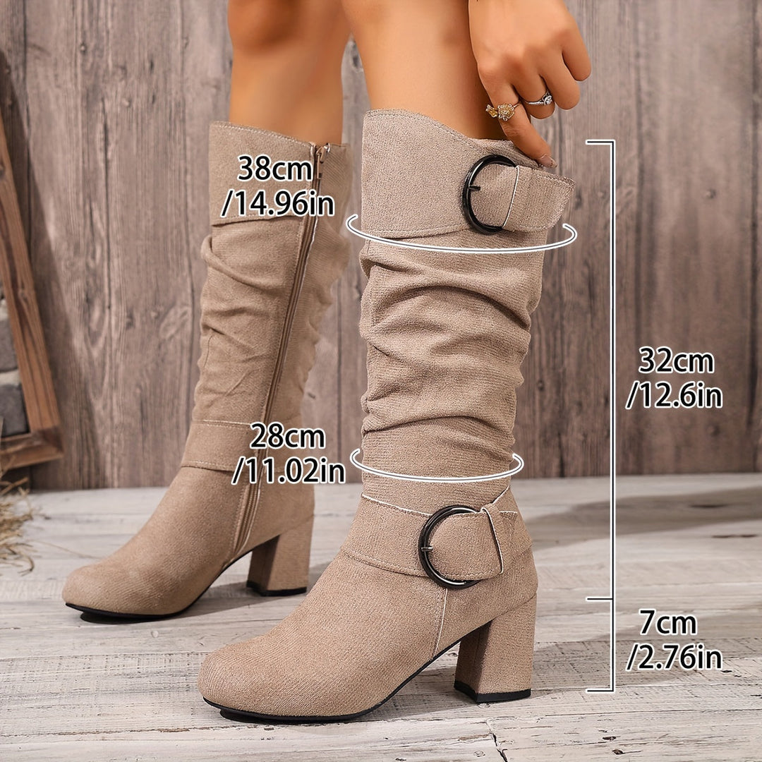 Beverley | Women's Knee High Slouchy Block Heel Boots - Taupe - Image 12