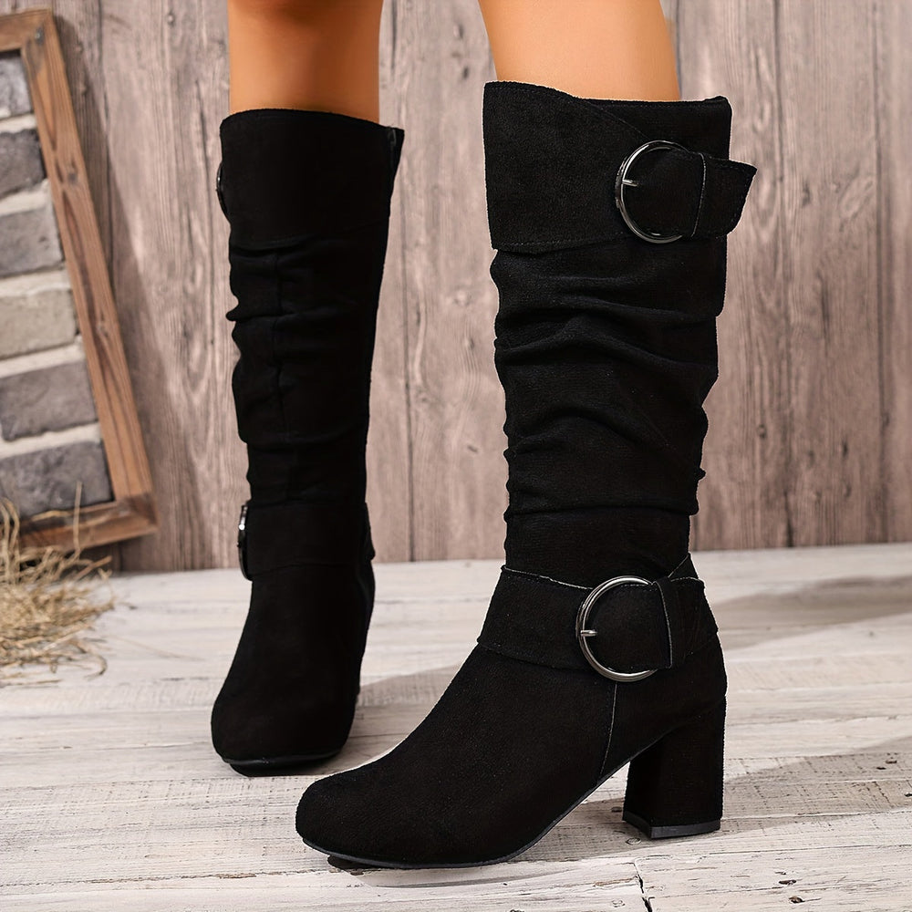 Beverley | Women's Knee High Slouchy Block Heel Boots - Taupe - Image 2