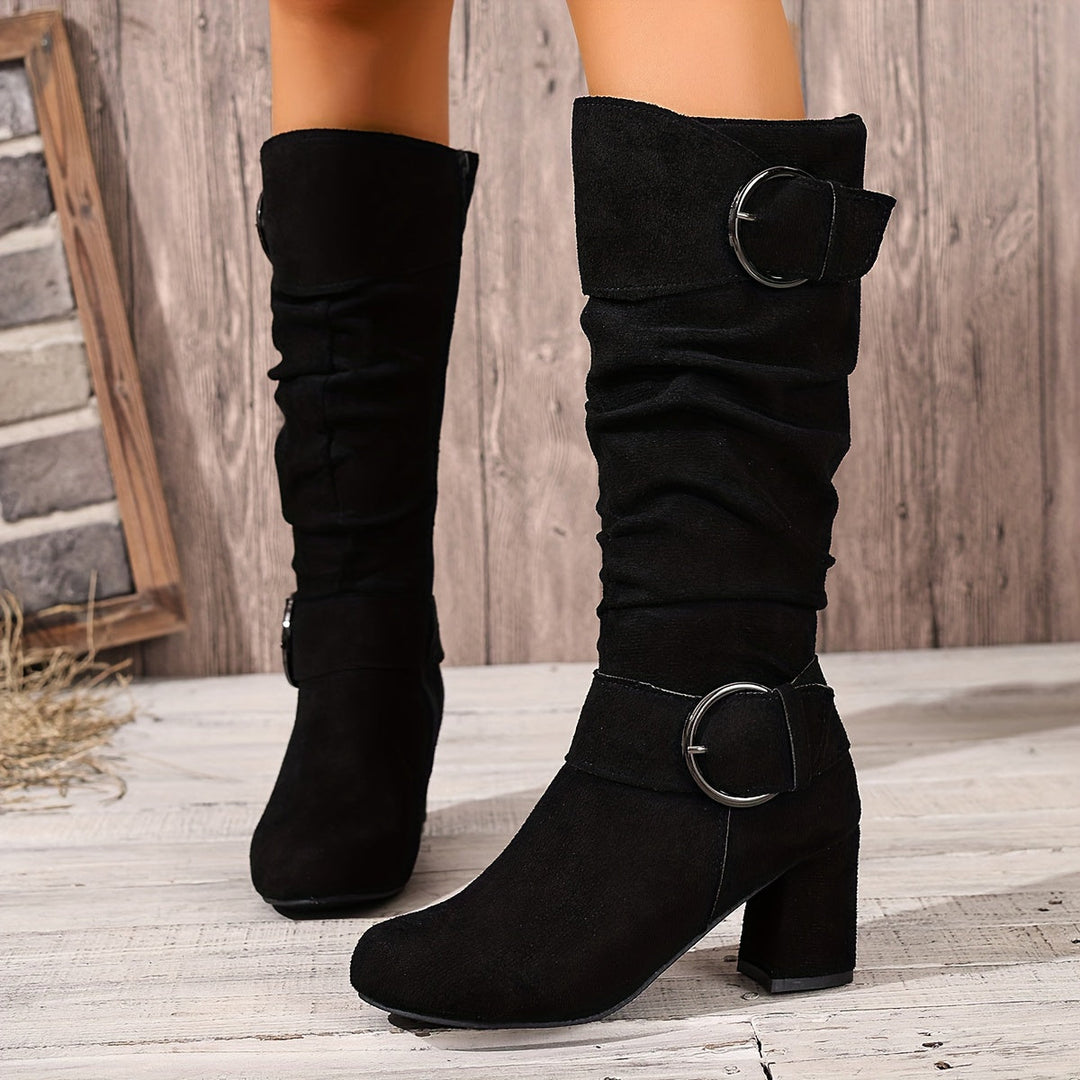Beverley | Women's Knee High Slouchy Block Heel Boots - Taupe - Image 2