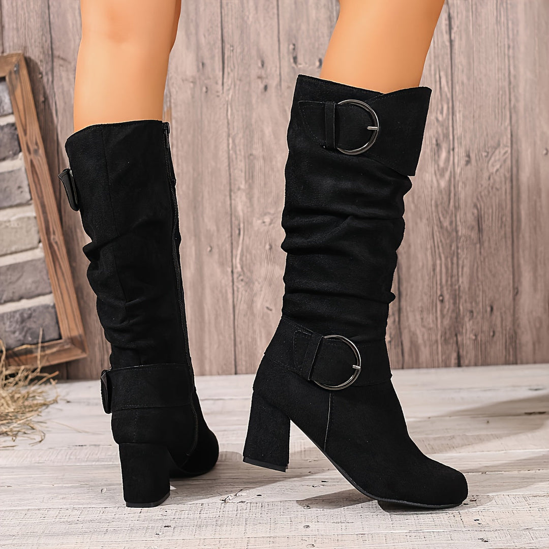 Beverley | Women's Knee High Slouchy Block Heel Boots - Taupe - Image 4
